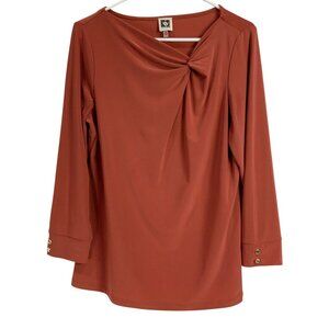 Anne Klein M Orange Drape Neck Blouse Long Sleeve Stretch Top Gold Button Cuff